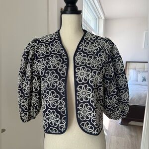 Maeve Anthropologie Cropped Floral Embroidered Jacket Puff Sleeve One Size